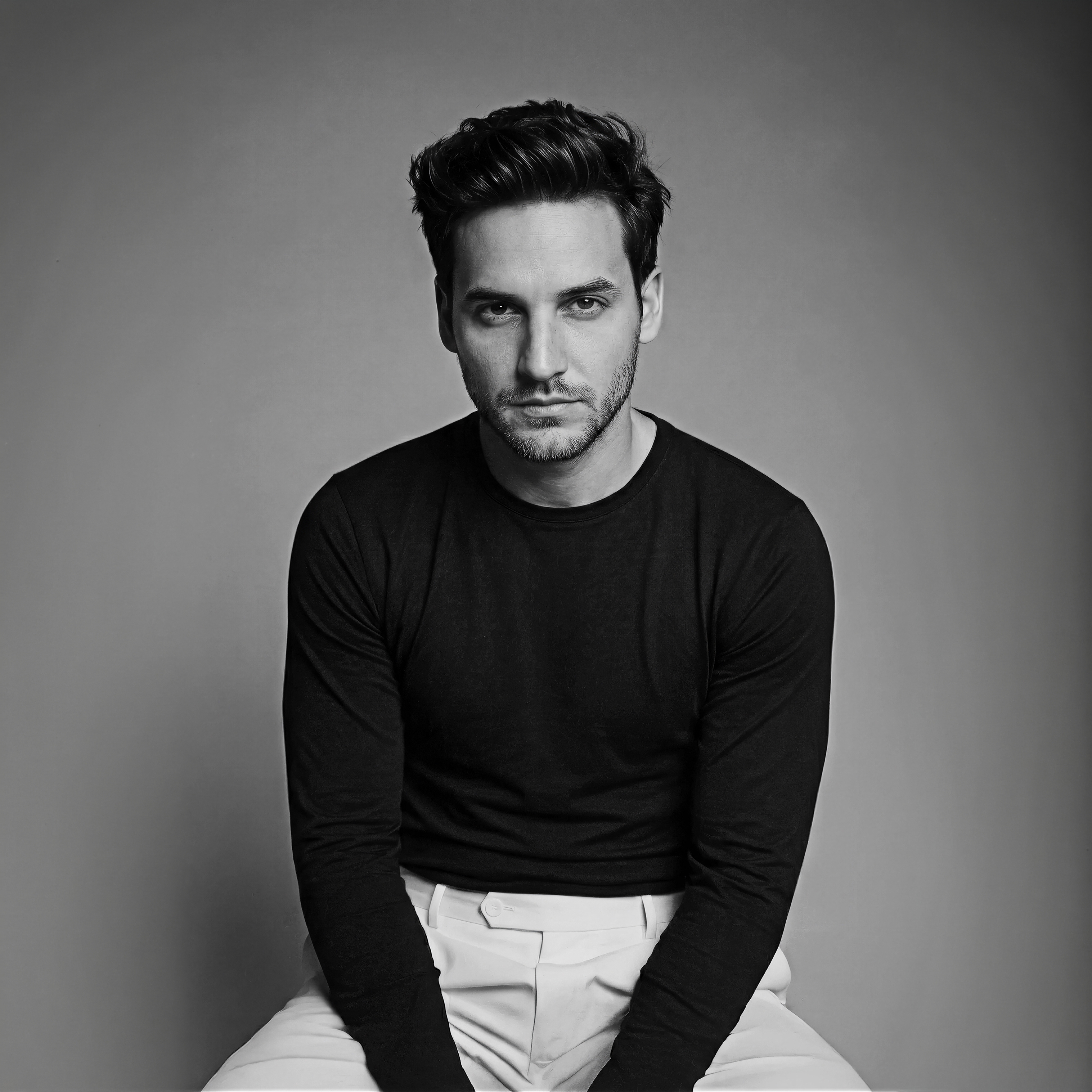Danny Wave black and white editorial square 2 of 3, American streamer and music producer, high contrast portrait.