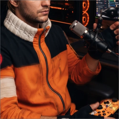 Danny Wave in an orange and black ninja outfit beside a microphone.