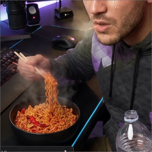 Danny Wave seated with a steaming bowl of spicy noodles.