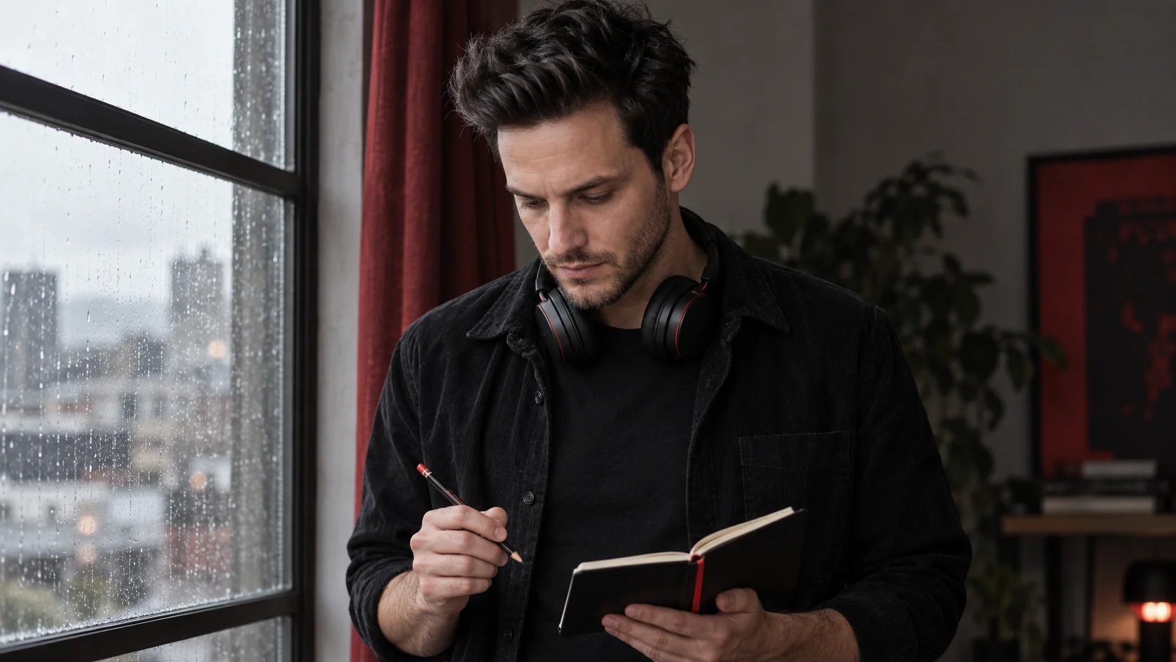 Danny Wave with a notebook and headphones beside a window.