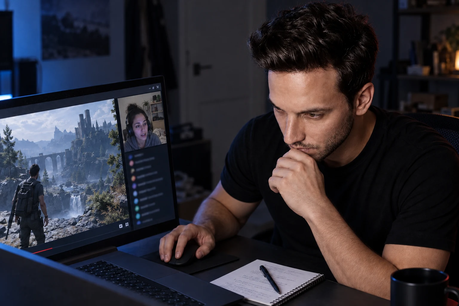 Illustration of Danny reviewing a creator’s shared stream remotely over video chat