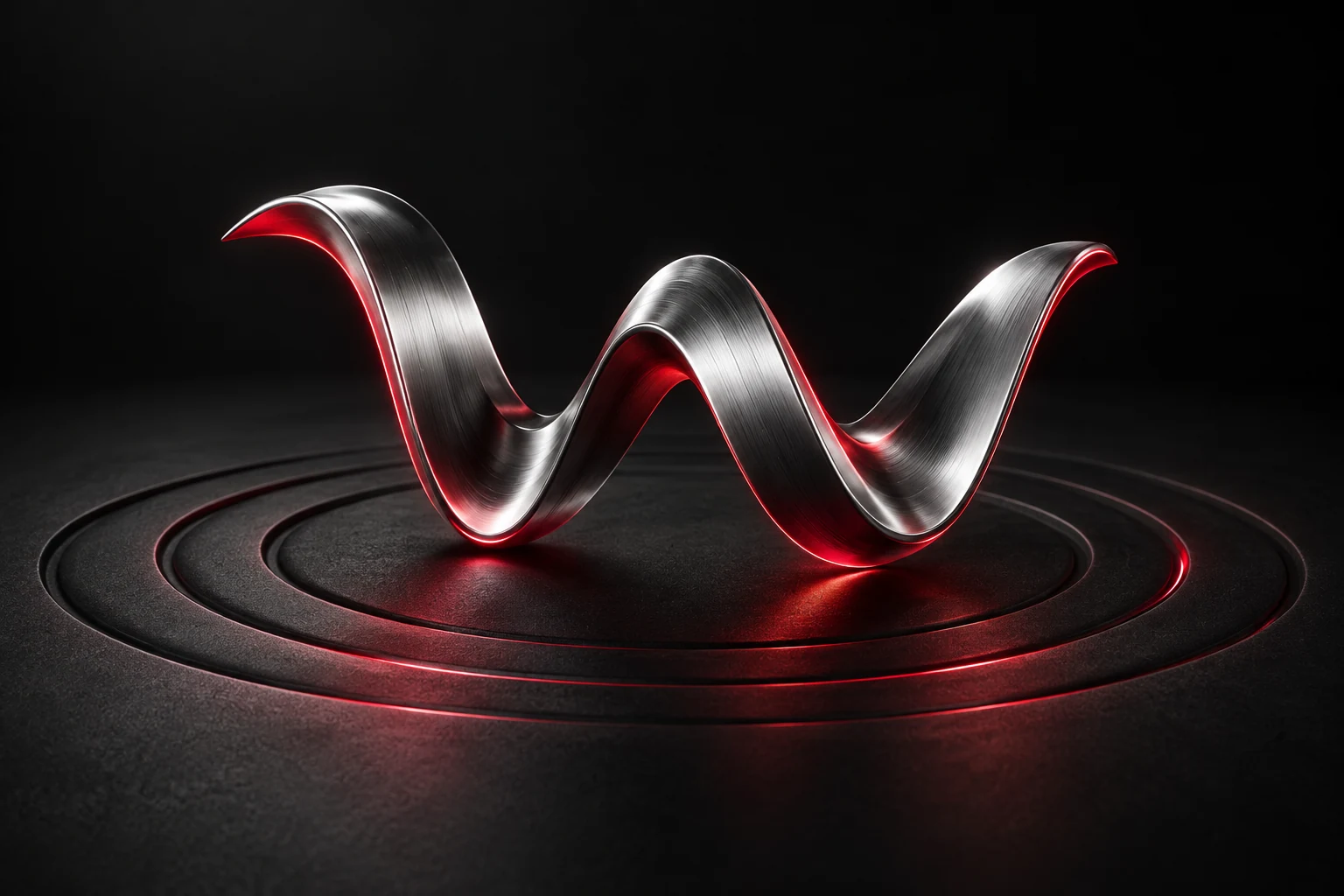 Sculptural chrome wave with red studio lighting, created for Wavegency