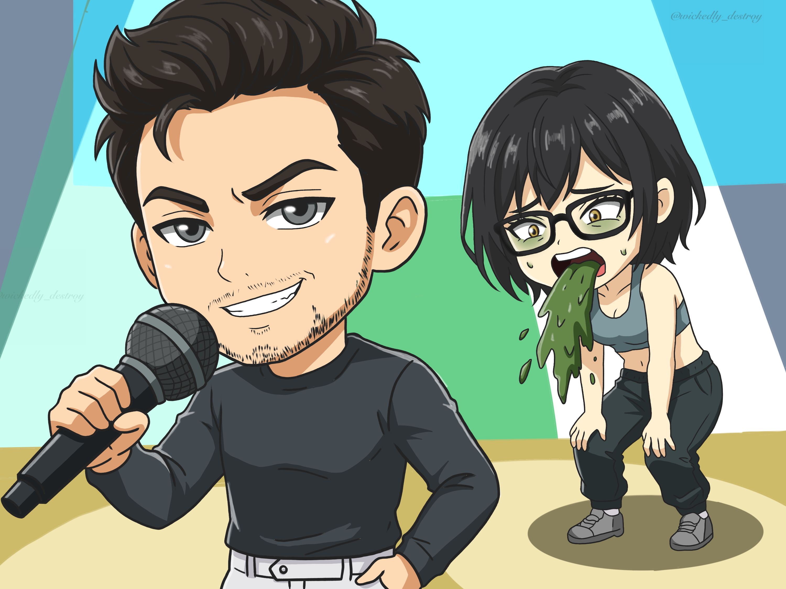 Wickedly’s digital painting of Danny smiling into a microphone beside a cartoon woman with a throwing-up reaction.